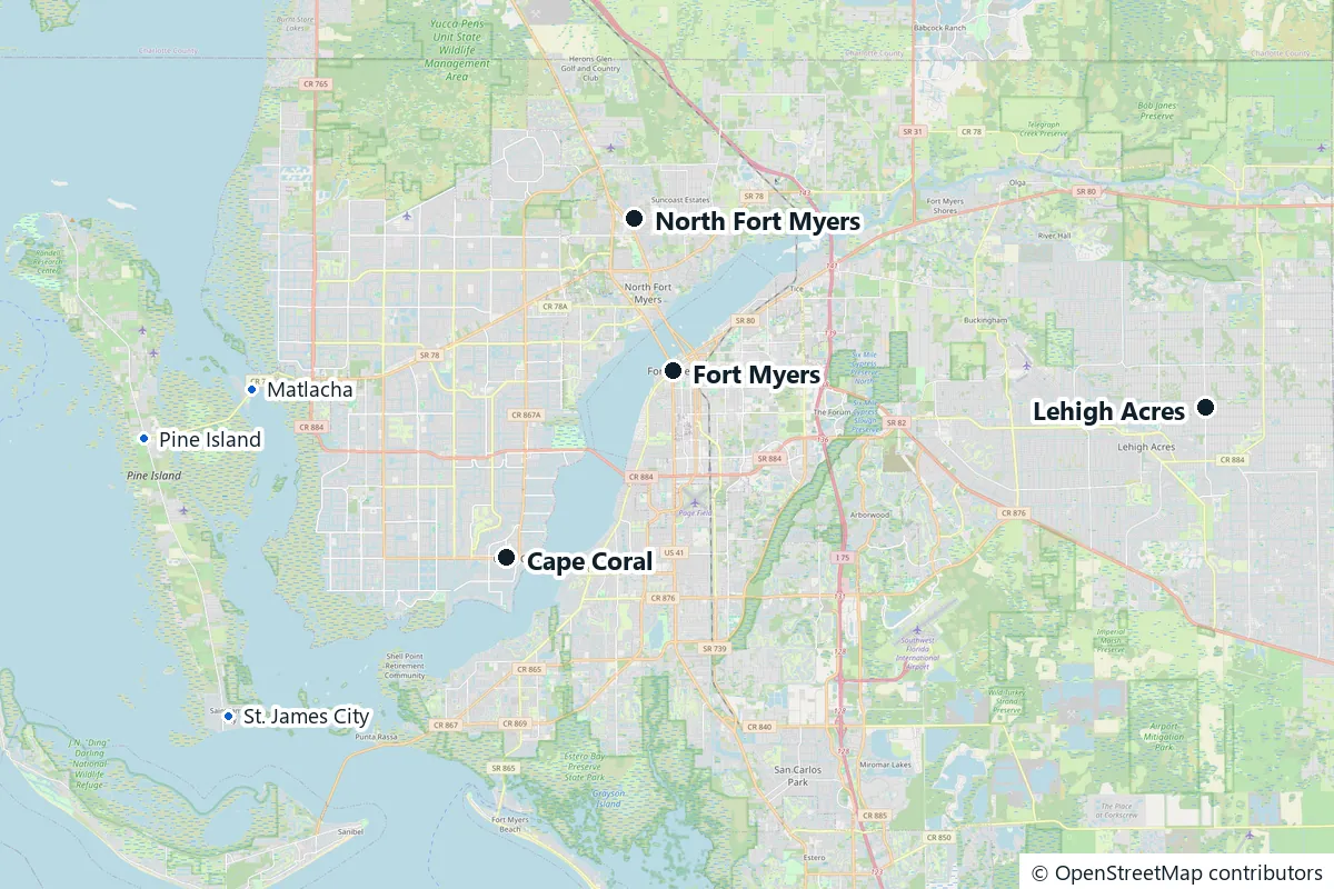 Map of Cape Coral with Fort Myers and North Fort Myers across the river, Lehigh Acres to the east and Pine Island and Matlacha to the west