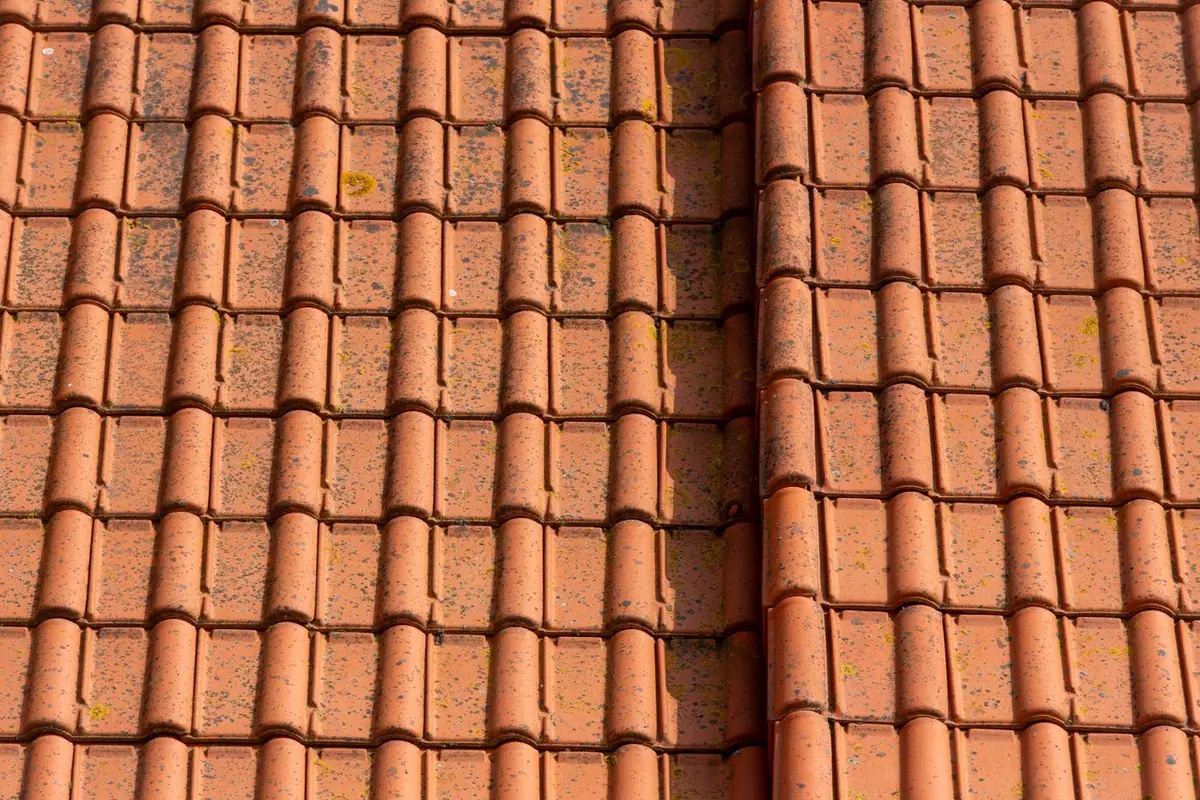 Close-up of orange barrel roof tiles in neat overlapping rows